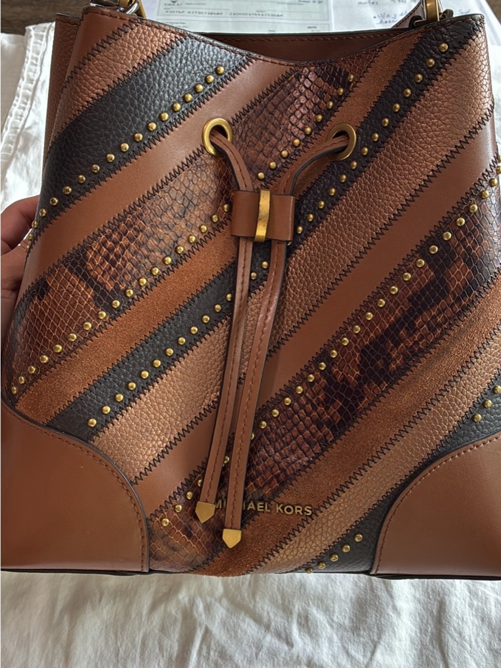 Michael Kors Brown and Dark Brown Mixed-Texture Drawstring Bucket Bag
